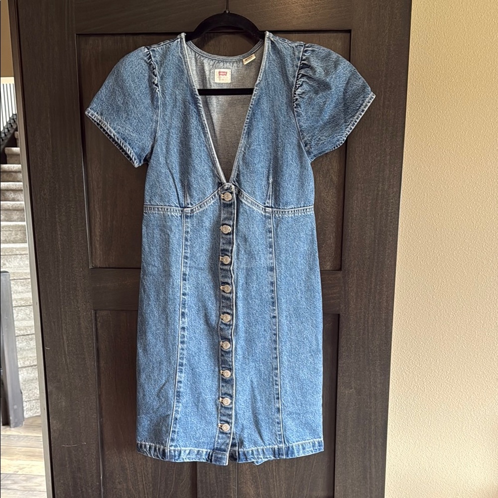 Levi's Blue Puff Sleeve V-Neck Sheath Dress
